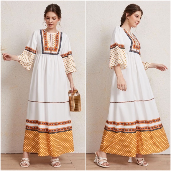 Boho Floral Print Dot White 3/4 sleeve maxi Dress - Picture 3 of 3